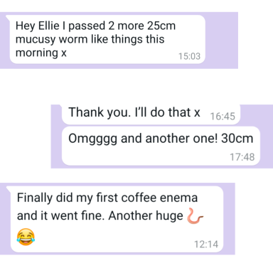 Conversation about passing mucusy worms and a successful coffee enema.