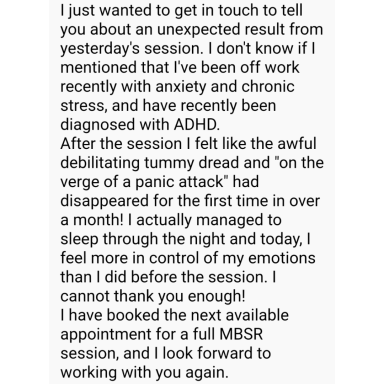 Text message expressing relief after a session, mentioning anxiety, ADHD, and emotional control.