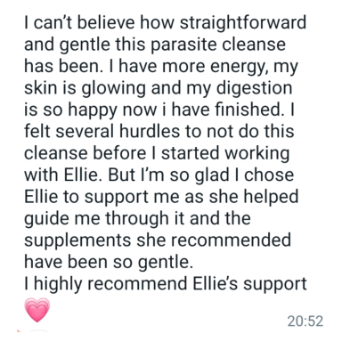 Testimonial praising a gentle parasite cleanse with increased energy and glowing skin.