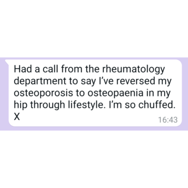 Text message expressing happiness about reversing osteoporosis through lifestyle changes.